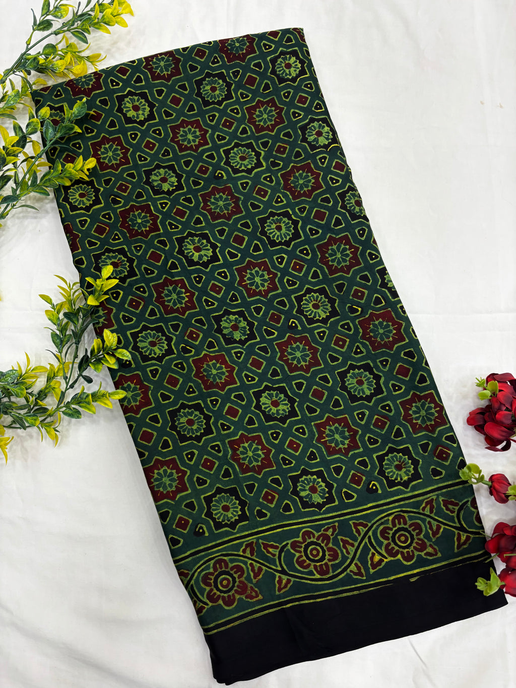 Green Rudraksh Ajrakh Sareee