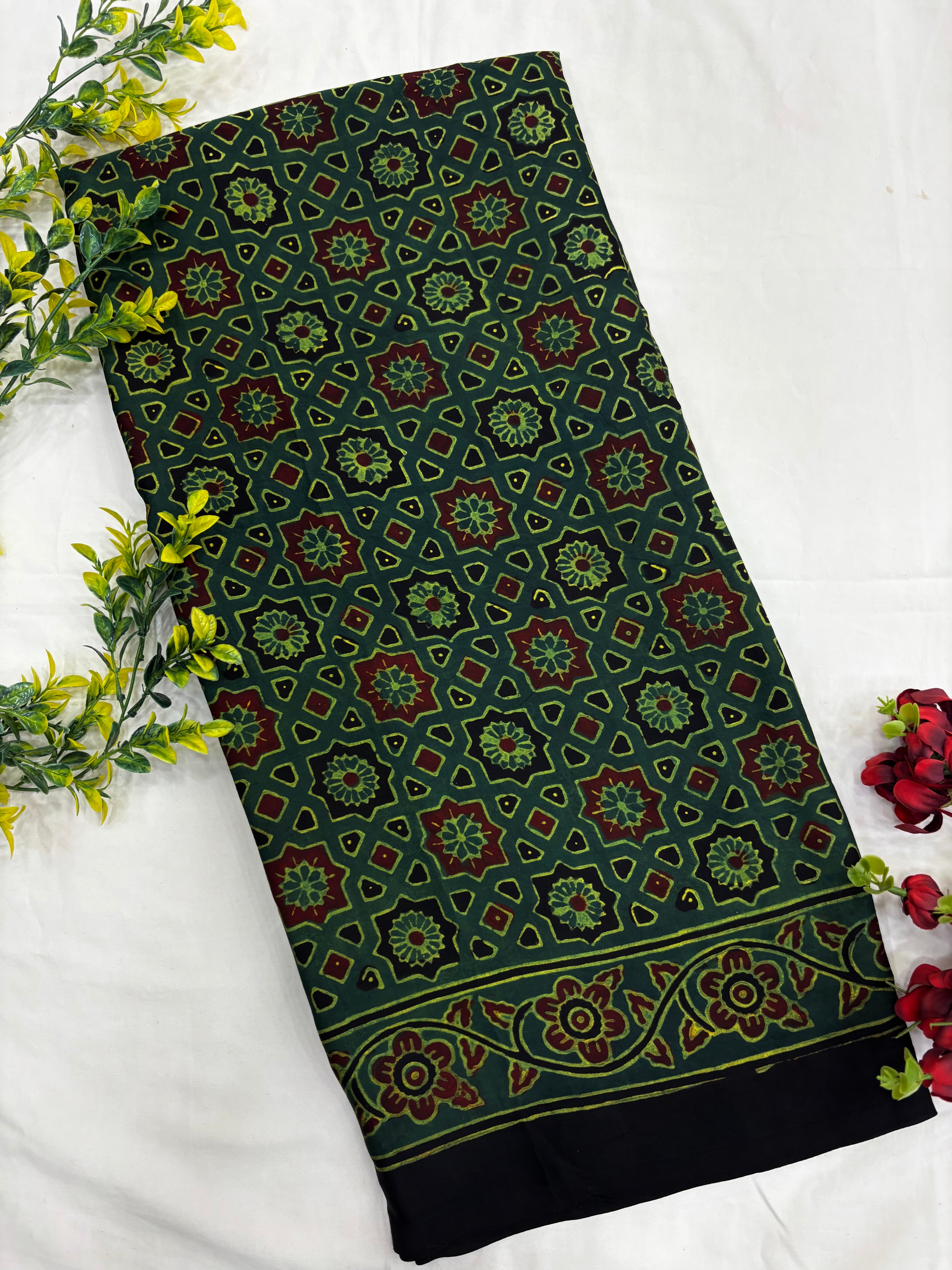 Green Rudraksh Ajrakh Sareee