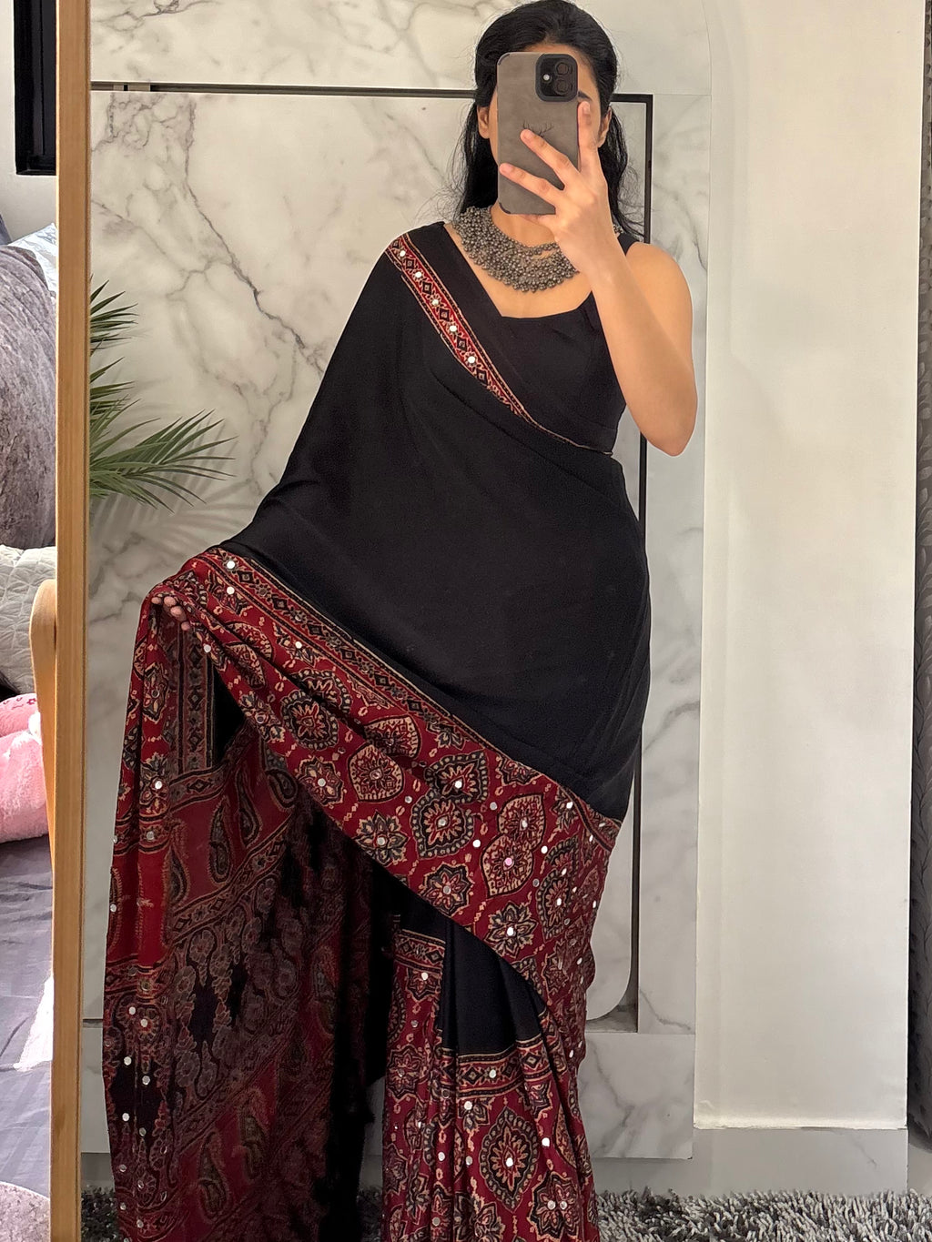 Sakhi Glitter Ajrakh Modal Silk Saree