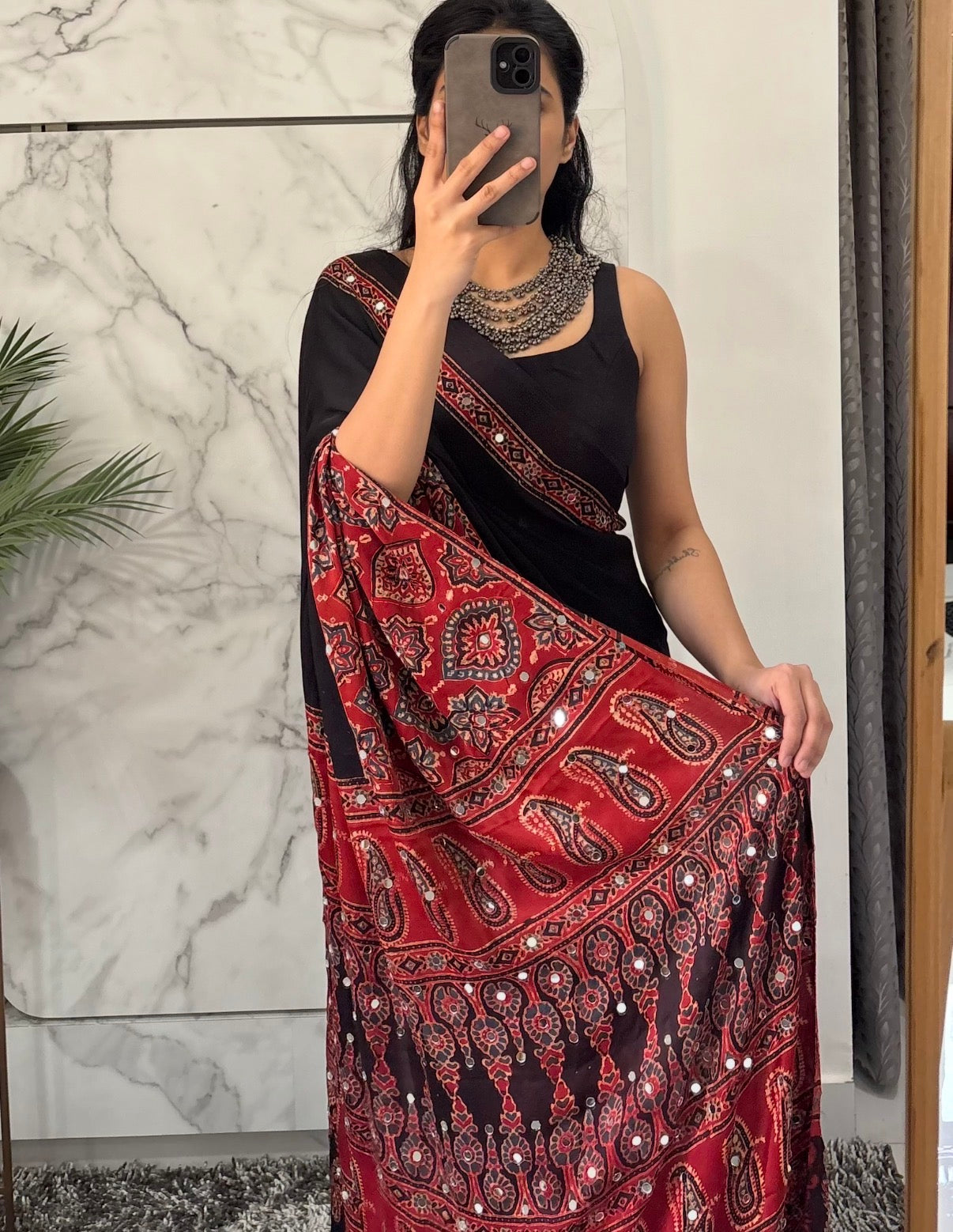 Sakhi Glitter Ajrakh Modal Silk Saree